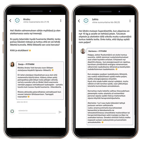 Fitfarmin valmentajien vastauksia asiakkaille verkkovalmennuksessa.