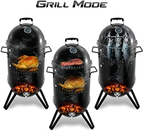 CUE WAY K-1 Vertical Charcoal Smoker Combo with Fish Hooks, 14-inch, Black
