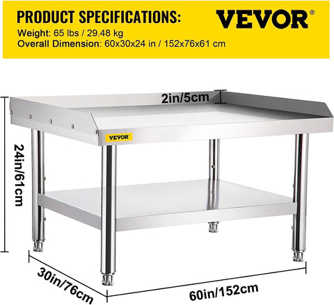 VEVOR Stainless Steel Equipment Grill Stand, 60 x 30 x 24 Inches Stainless Table, Grill Stand Table with Adjustable Storage Undershelf, Equipment Stand Grill Table for Hotel, Home, Restaurant Kitchen