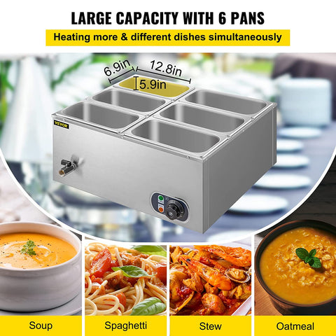 VEVOR 110V 6-Pan Commercial Food Warmer, 1200W Electric Steam Table 15cm/6inch Deep, Professional Stainless Steel Buffet Bain Marie 32 Quart Capacity for Catering and Restaurants