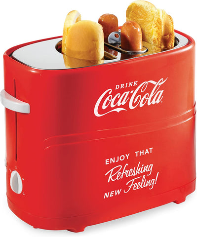 Nostalgia Coca-Cola 2 Slot Bun Mini Tongs, Hot Dog Toaster Works with Chicken, Turkey, Veggie Links, Sausages and Brats, Retro Red