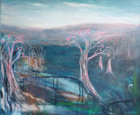 Contemporary abstract landscape by Jacinta Payne Melbourne Artist "Time makes you Bolder" pink leaves and distant mountains