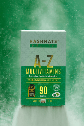 Hashmats Health A-Z Multivitamins Informed Sport Certified in a green Athletic background