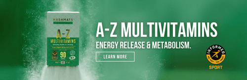 A-Z Multivitamins 90 in a green athletic setting for Energy Release and a powder splash