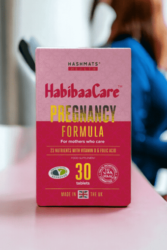Prenatal and Pregnancy Vitamins in a Pink box with HabibaaCare by Hashmats Health