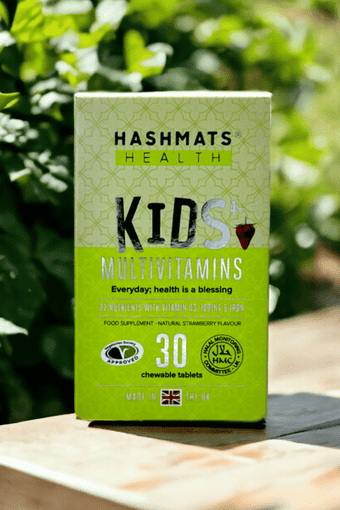 Kids 4 Plus Multivitamins in a green colour with a strawberry flavour chewable by Hashmats Health