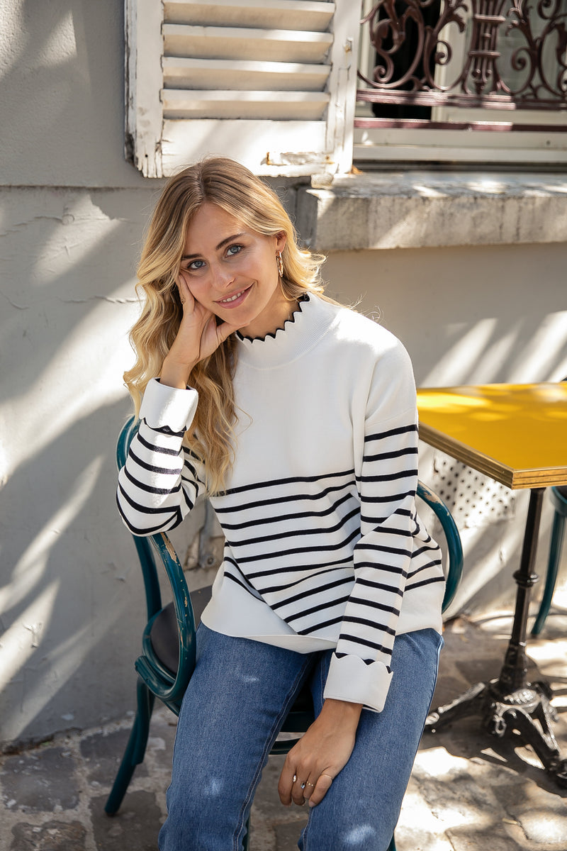 Knitwear online Australia, Knitwear jumper womens, french stripe jumper, scalloped trim