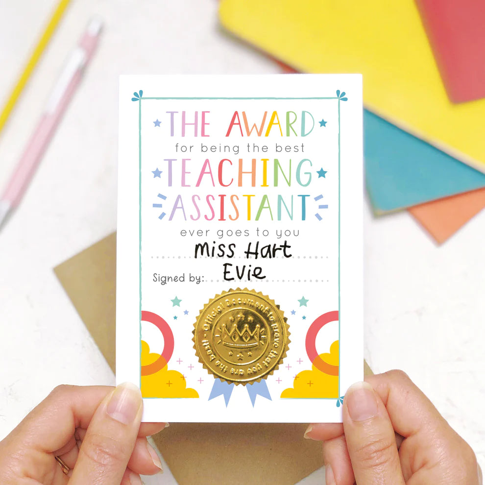 Teaching Assistant award/certificate card in the rainbow colour way