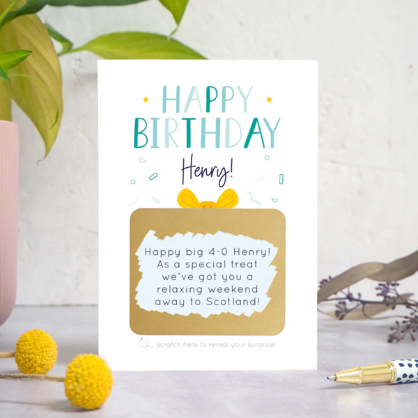 Personalised happy birthday scratch card showing the message revealed