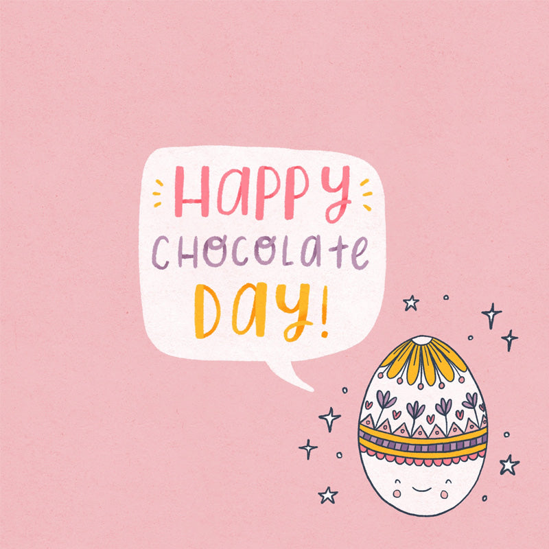 A patterned easter egg on a pink background with a speech bubble saying 'happy chocolate day!'