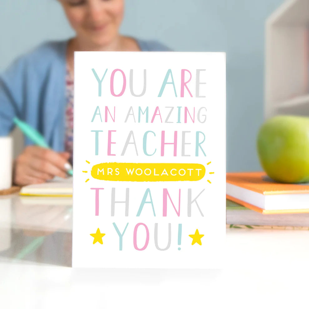 Personalised amazing teacher thank you card in the pink and colour way.
