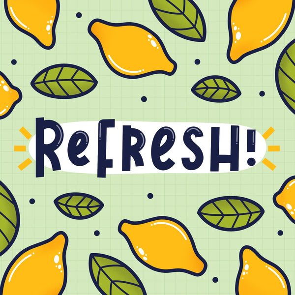 An illustration by Joanne with the word refresh in the centre and drawings of lemons and leaves around the outside.