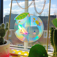 Load image into Gallery viewer, A sun catcher rainbow maker that has been fixed onto a glass surface and displayed in direct sunlight. This is the satsuma design and has two pot plants either side. 
