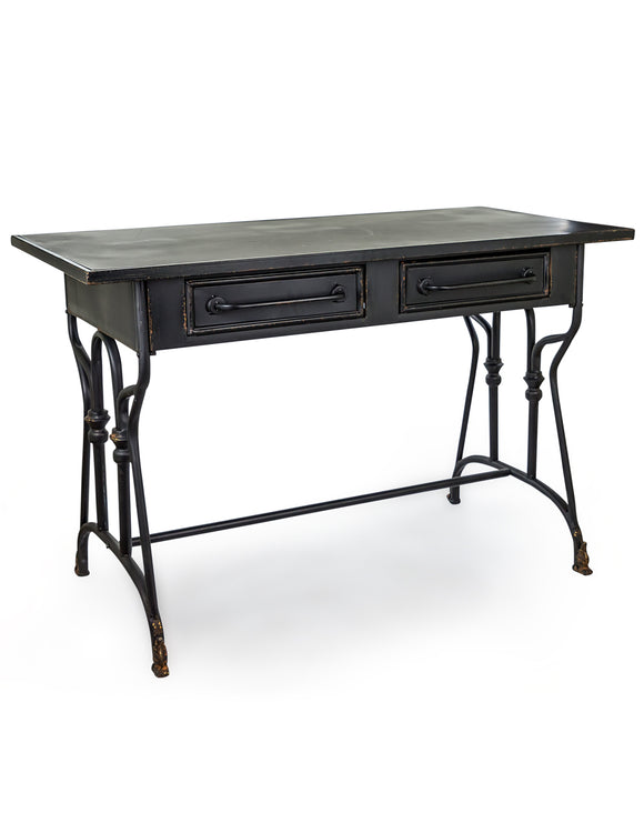 Industrial Style Distressed Black Metal Desk With 2 Drawers