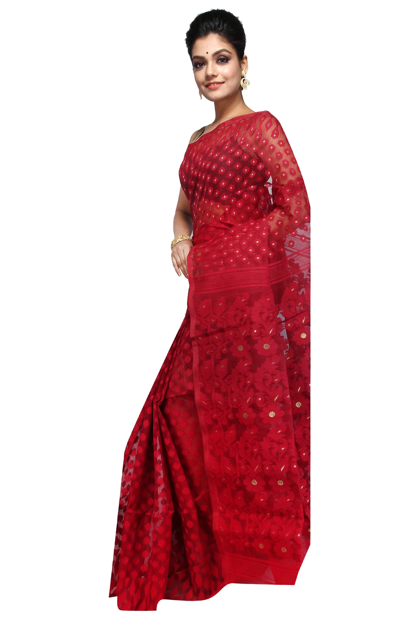 Handloom Blood Red Dhakai Jamdani – Saundraa