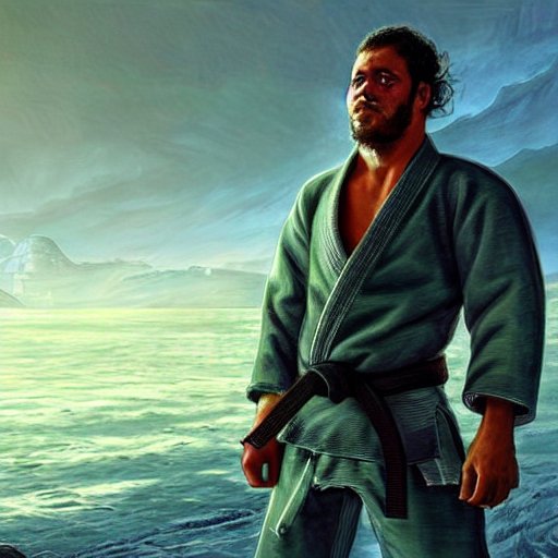 A bjj practitioner looking confident and strong at a long journey ahead on a path in concept fantasy art by the ocean