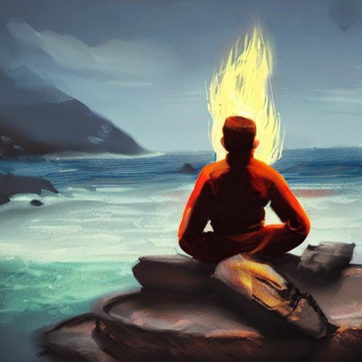 A bjj practitioner sitting by a fire in concept fantasy art by the ocean