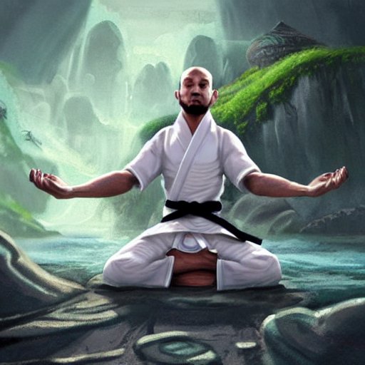 BJJ practitioner meditating in fantasy concept art by the ocean