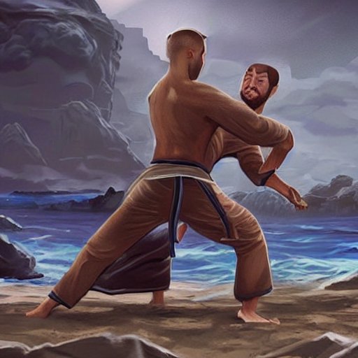 BJJ practitioners training in fantasy concept art by the ocean