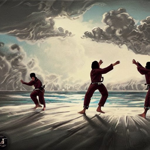 BJJ practitioners training in fantasy concept art by the ocean