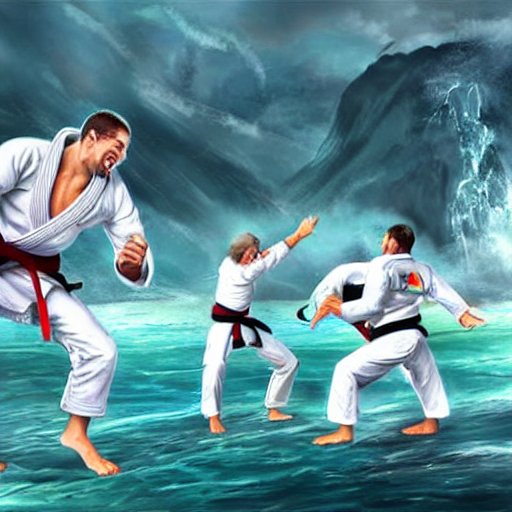 BJJ practitioners wearing white belts having fun in fantasy concept art by the ocean