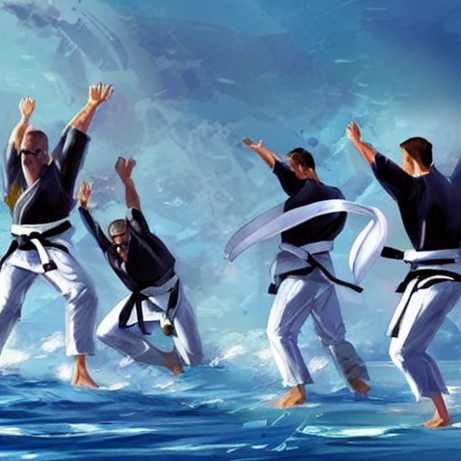 BJJ practitioners wearing white belts having fun in fantasy concept art by the ocean