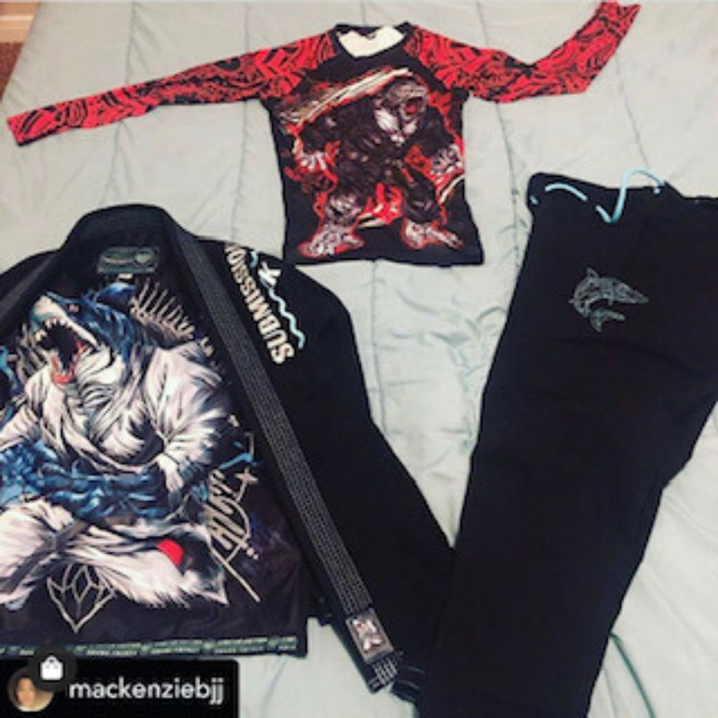 Submission Shark Black BJJ GI and Red MMA Rash Guard Top