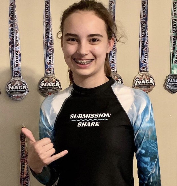 Ruby in Submission Shark BJJ Gear for youth and kids