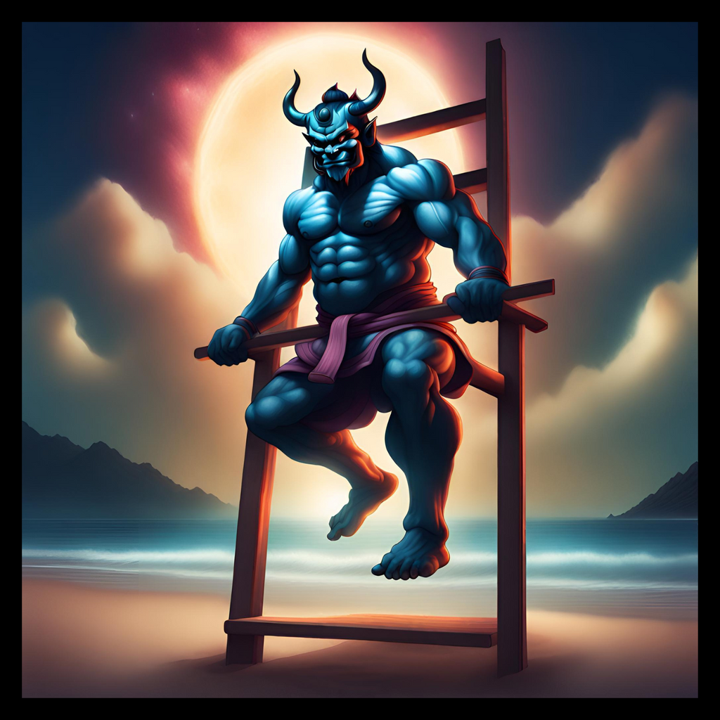 This image depicts a large Oni monster doing exercises