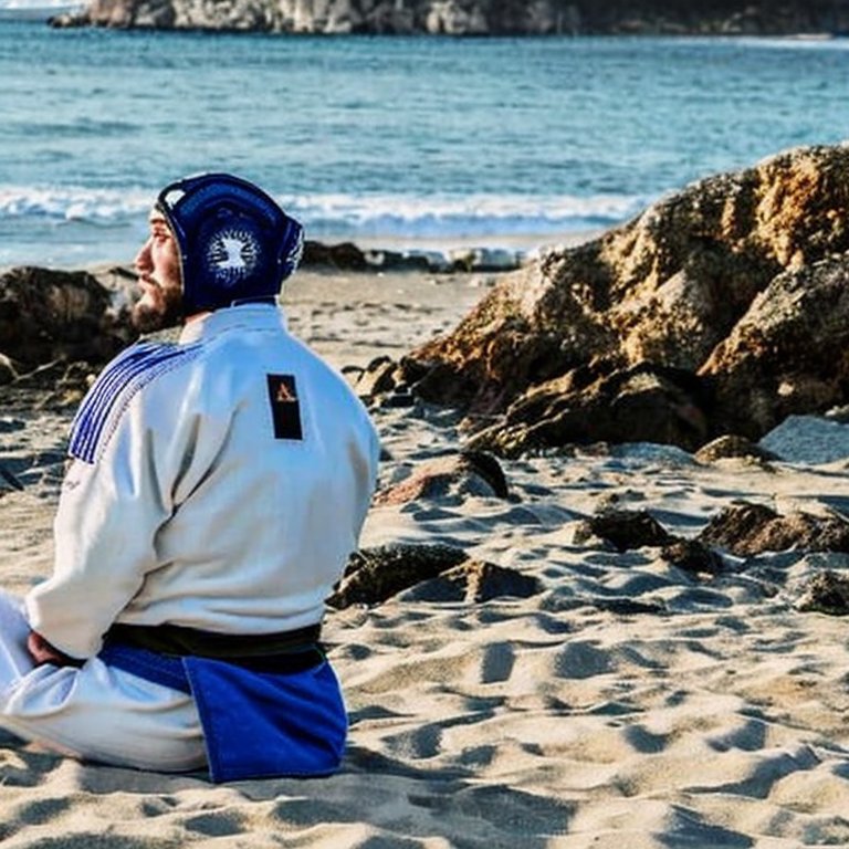 a BJJ practitioner wearing headgear by the beach