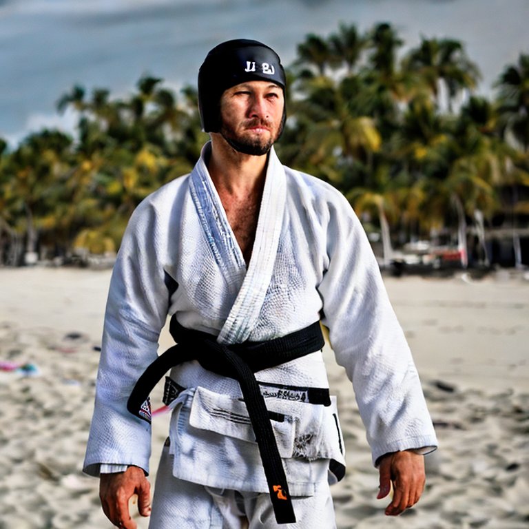 a BJJ practitioner wearing headgear by the beach