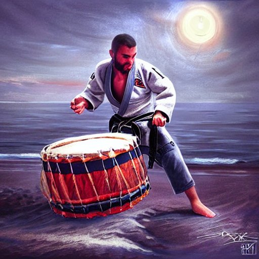a bjj practitioner drumming a drum in a bjj gi in concept fantasy art by the ocean