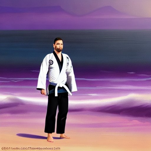 a bjj practitioner in a bjj gi in concept fantasy art by the ocean with purple sunset