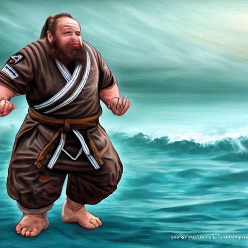 a dwarf bjj practitioner wearing a bjj gi in concept fantasy art by the ocean
