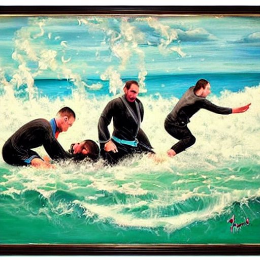a surreal painting with BJJ practitioners playing and having fun by the ocean