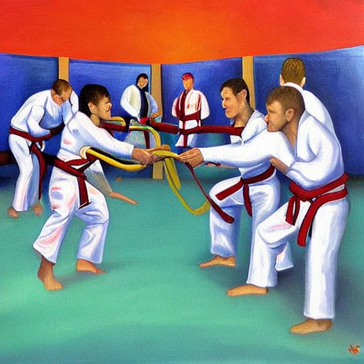 a surreal painting with BJJ practitioners playing tug of war