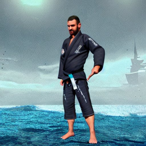 a tall bjj practitioner wearing a bjj gi in concept fantasy art by the ocean