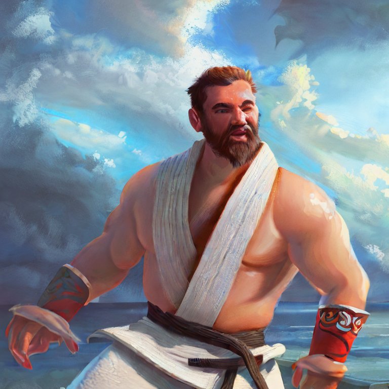 a water god, wearing a Brazilian jiu-jitsu gi, by the ocean, looking strong