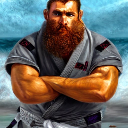 bjj practitioner looking motivated in concept fantasy art by the ocean