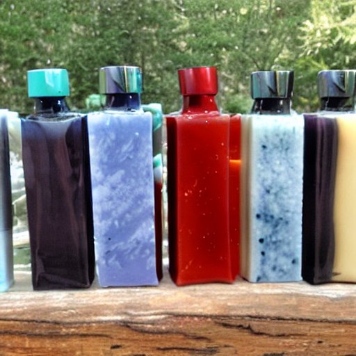 exotic luxury soap bottles in the colors of only white, blue, purple, brown, and black and red by the ocean