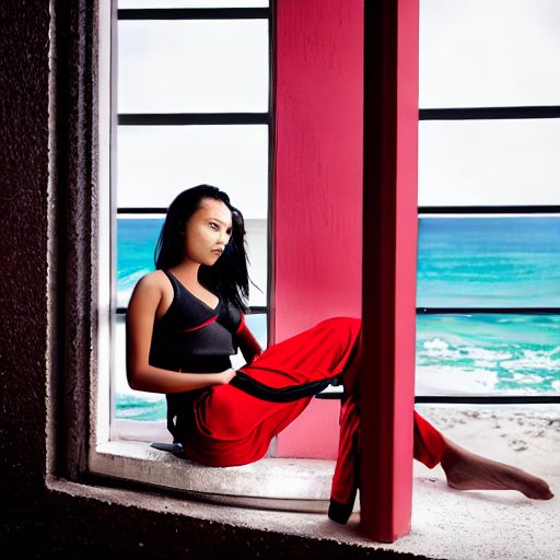 gorgeous young lady sitting by a red and black window with a BJJ Gi on, looking out into the ocean