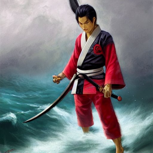 Miyamoto Musashi, wearing a black and red BJJ Gi, holding a sword, by the ocean.