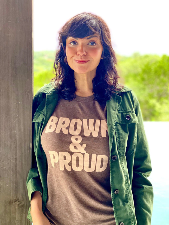 BarbacoApparel's Brown & Proud Graphic Tee on Female Model