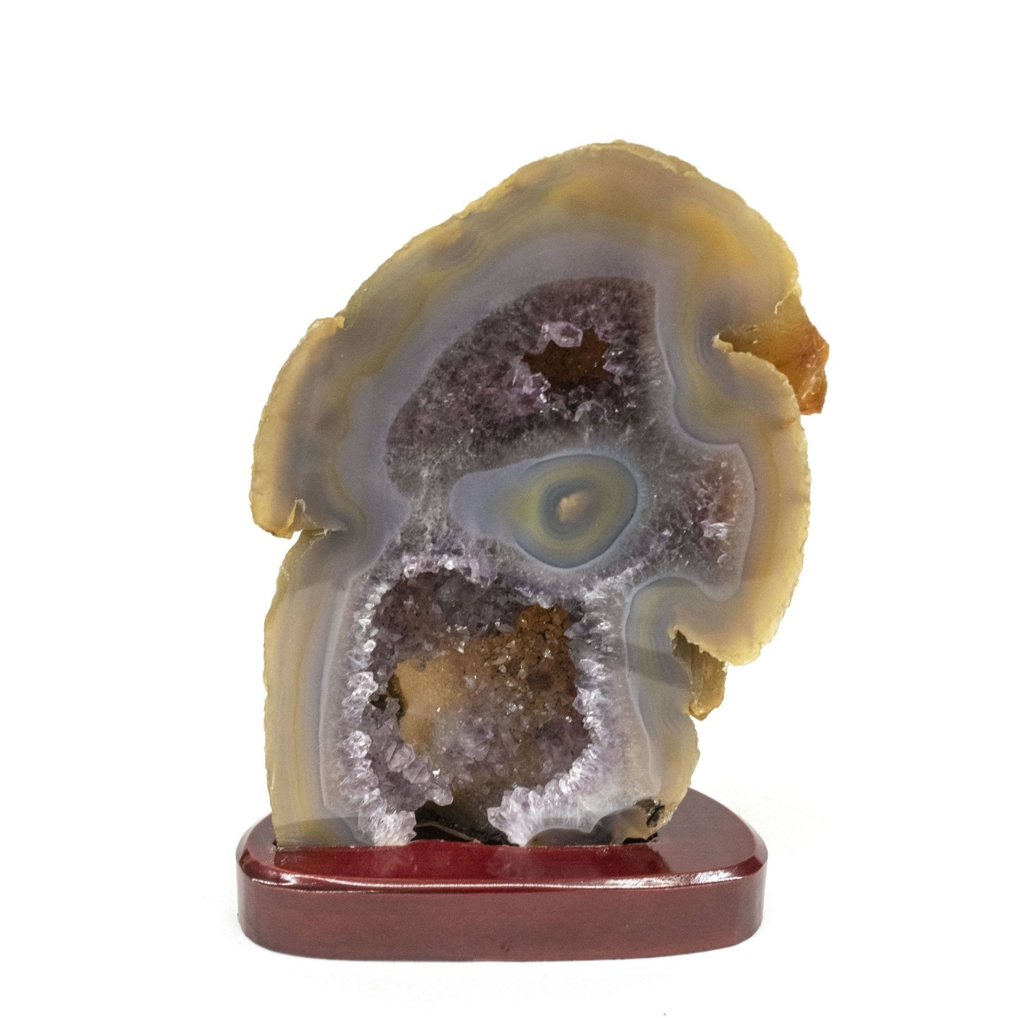 Polished Agate Slice With Drusy Crystals Wood Base Included