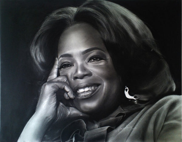 Oprah Winfrey drawn with charcoal pencil by Ghanaian Peter Boateng