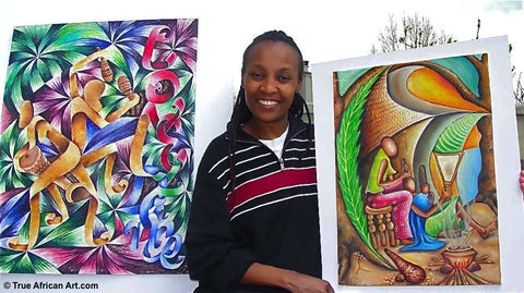 Website Owner, Gathinja, with Majeshi's paintings.