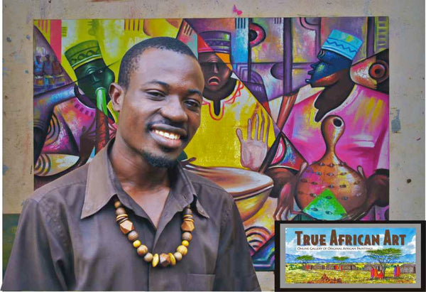 Amakai poses with his first painting to be on True African Art, with our Photoshopped logo on the computer screen.