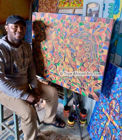 African Artist Angu Walters with one of his paintings |  True African Art .com