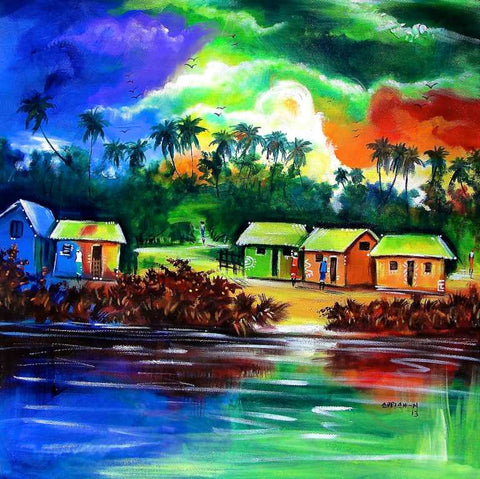 Between Morning and Evening African Village Painting