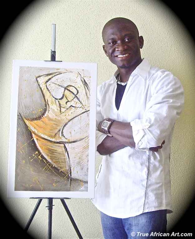 African Painting Artist, Nii Hylton, with 2 of his artworks.